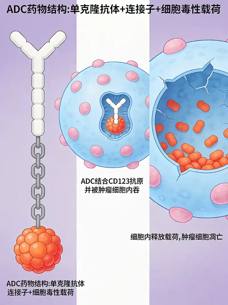 抗体药物偶联物（ADC）靶向CD123治疗BPDCN作用机制示意图